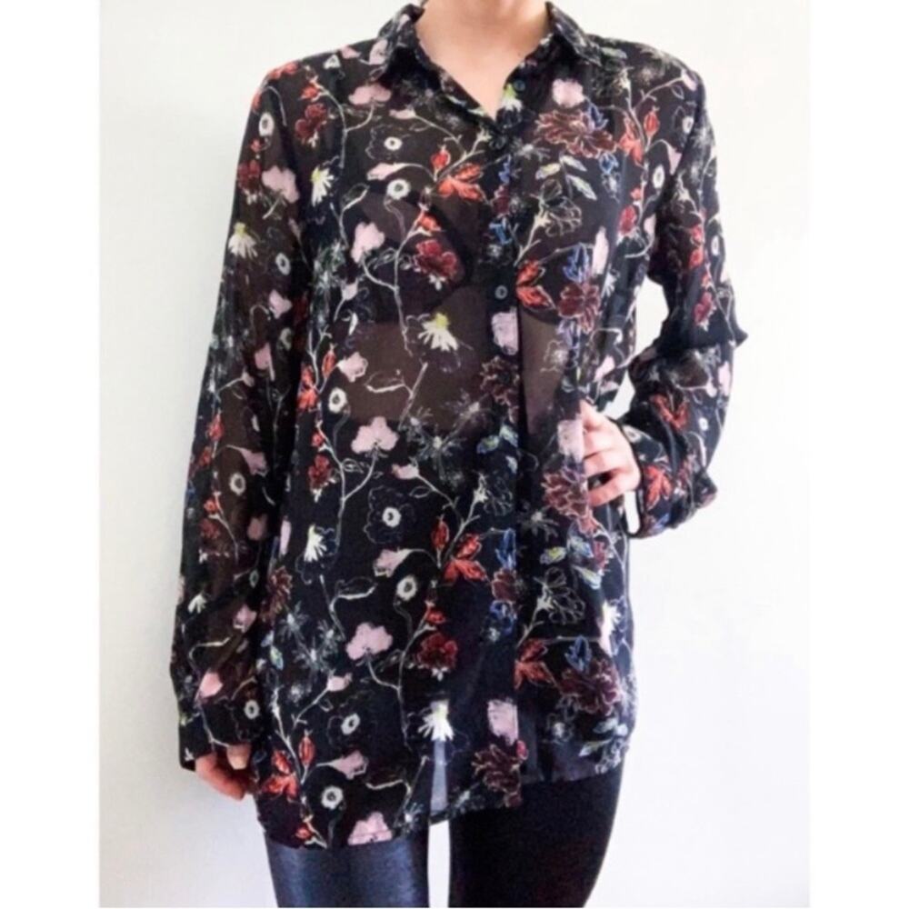 Black Sheer Floral Print Button Tunic Top